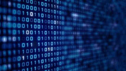 Digital binary code over computer screen, blue background