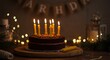© wiltu - Chocolate cake with eleven lit candles on wooden board.