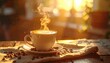 © Ela - Steaming Coffee Cup in Golden Sunlight on Wooden Table with Coffee Beans, Aromatic Warmth, and Tranquil Morning Ambiance