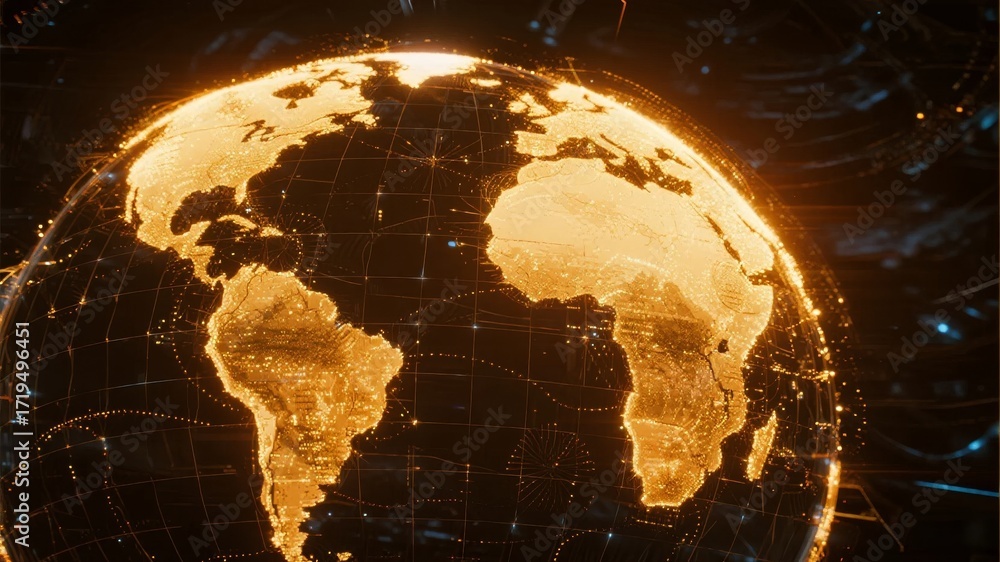 Golden illuminated globe with digital network overlay showing ...