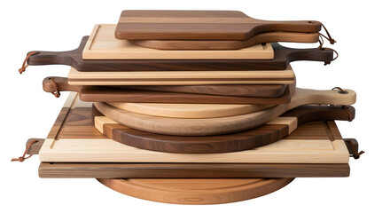Stack of wooden cutting boards of various sizes and shapes isolated on transparent background for kitchen use and food preparation purposes