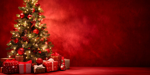 Wall Mural - christmas tree with gifts on red festive background