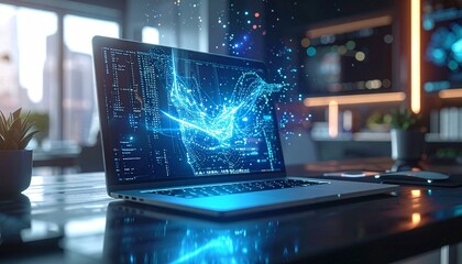 Futuristic laptop hub with crystalline screen projecting ethereal 3D models, shimmering code trails floating above, modern workspace, sharp