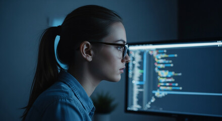 Focused software developer coding late into the night, crafting innovative solutions with digital expertise, enhancing future technology with dedication