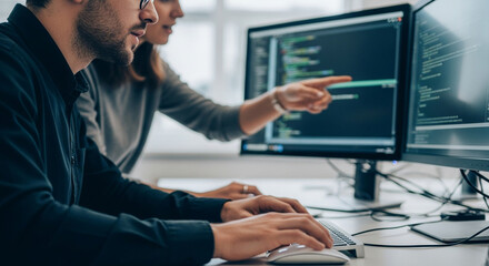 Dynamic software engineers collaborating on code development in a modern tech startup, building innovative solutions, driving digital transformation forward together