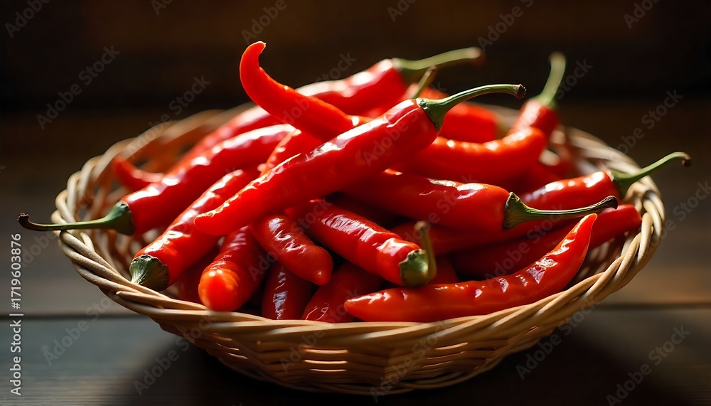 Vibrant red chili peppers piled high in a rustic woven basket, ready to ...