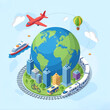 © erisal - Isometric Global Travel Vector with Airplane, Ship, and Train