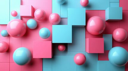 Bright pink and light blue spheres and cubes are arranged together, creating a modern abstract three dimensional geometric background pattern.