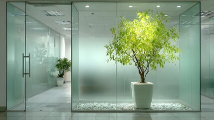 Wall Mural - Modern office interior featuring glass doors with frosted privacy film. A vibrant green plant is softly visible, adding a touch of nature.