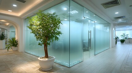 Wall Mural - Modern office interior featuring glass doors with frosted privacy film. A vibrant green plant is softly visible, adding a touch of nature.