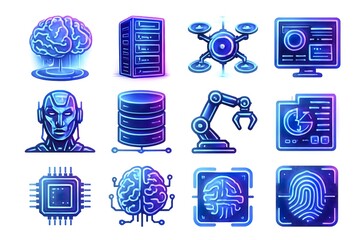 Futuristic technology icons: ai, robotics, data, cybersecurity, blockchain