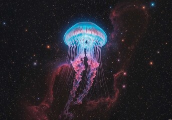 Wall Mural - Jellyfish soars through space with ethereal beauty among distant stars nebula