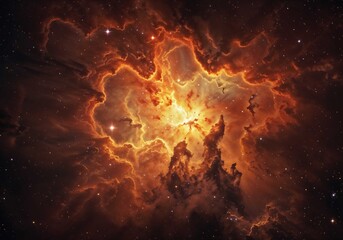 Wall Mural - Nebula shines brightly illuminating cosmic dust with golden and orange hues creating celestial glow