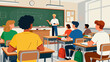 © RW - In the classroom, the teacher is giving a lesson to the students, with hand-drawn vector illustrations