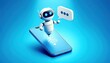 © Renat - Cute robot flying over smartphone on blue background. AI Content Generator. Chatbot technology. AI chat bot based on artificial intelligence and neural networks.