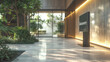 © valeo5 - A stylish, contemporary office or hotel lobby. Space combines sleek concrete and wood elements with abundant indoor plants, digital information kiosk, creating a sophisticated and biophilic atmosphere