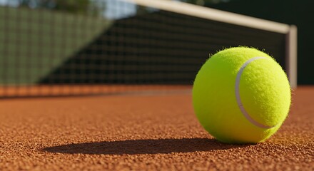 Close Up of Bright Yellow Tennis Ball with White Seams on Outdoor Clay Court Under Daylight with Net Background