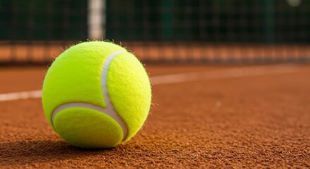 Close Up of Bright Yellow Tennis Ball with White Seams on Outdoor Clay Court Under Daylight with Net Background