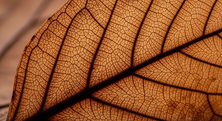 Closeup of a dry brown leaf revealing intricate vein patterns and cellular structure against a blurred backdrop
