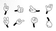 © Kuat - Retro cartoon hands set in vintage animation style. Collection of expressive glove hands showing different gestures — thumbs up, peace sign, pointing, fist, and more.