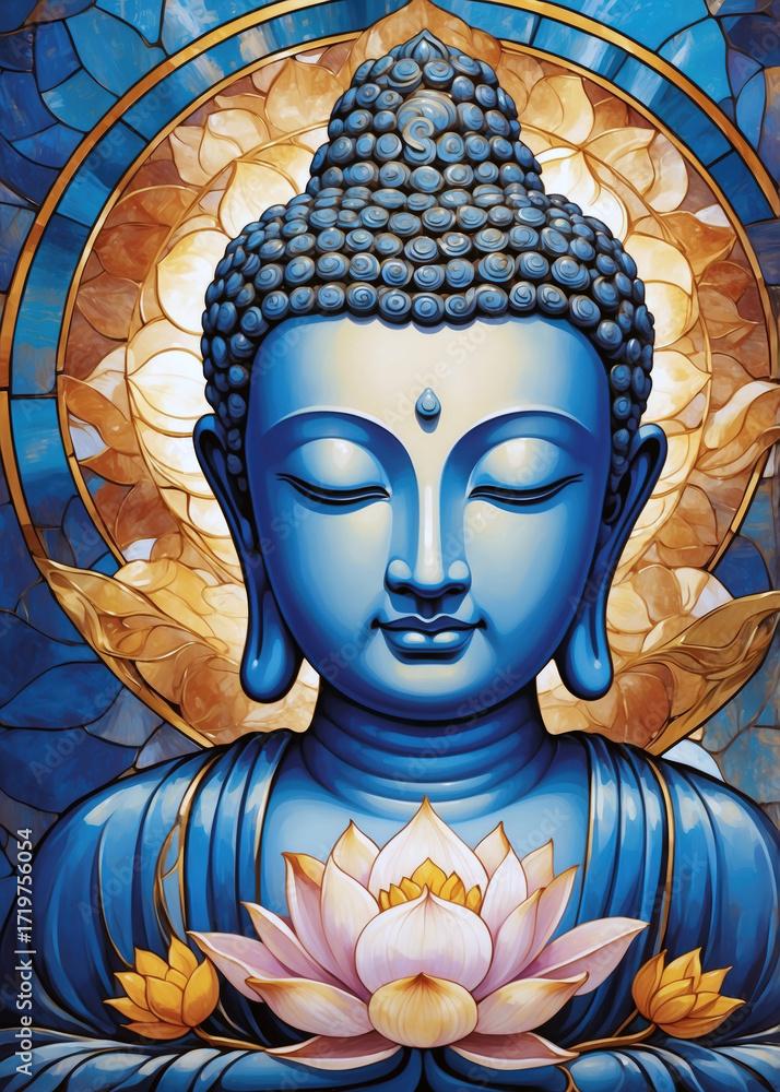 Buddha statue with lotus flower background in vibrant blue tones and ...