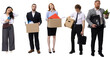 © master1305 - Group of dismissed office employees carrying boxes with sad expressions. Concept of job loss, corporate downsizing, financial instability, workplace and career uncertainty. Transparent background