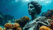 © Bina - A serene underwater scene showcasing an ancient statue's bust amidst vibrant coral and sunlit aquatic ambiance