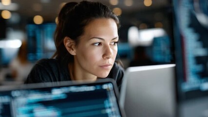 Focused Programmer: A young programmer intensely focused on coding, surrounded by the soft glow of computer screens. A modern image capturing the concentration of the coding profession.