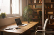 © Stockphotodirectors - A serene home office is set up with a modern laptop on a wooden desk, surrounded by stationery, a mug, and a small plant, showcasing an inviting atmosphere in warm afternoon light.