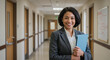 © Tamaras Pictures 4U - Professional woman smiling while holding a folder in office hallway