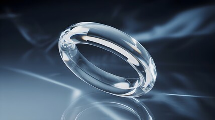 transparent glass ring with glowing reflections on dark gradient background, 3d crystal loop object, abstract minimal futuristic shape, modern luxury design illustration