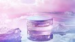 © Heorhi - Beautiful skincare cream jar on a reflective surface surrounded by ice pieces in a pastel background during daytime