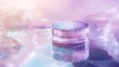 © Heorhi - Cosmetic jar placed on a reflective surface surrounded by translucent ice cubes and colorful mist