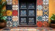 © Creative - Colorful decorative tiles surround a paneled door, creating a vibrant and inviting entrance. Terracotta pots with lush plants add a touch of nature. Abstract Background Trend