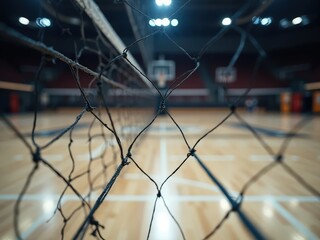  Close-up of indoor volleyball net stretched across polished court