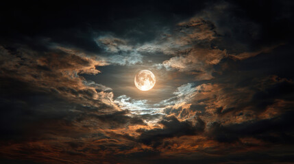 Wall Mural - Stunning full moon illuminates night sky, surrounded by dramatic clouds that create mystical atmosphere. interplay of light and shadow evokes sense of wonder and tranquility