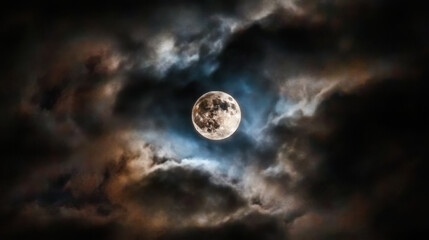 Wall Mural - Full moon shines brightly through dark, swirling clouds, creating dramatic and mystical atmosphere. interplay of light and shadow evokes sense of wonder and tranquility