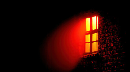 Wall Mural - Glowing window emits warm orange light against dark background, creating mysterious and inviting atmosphere. contrast between light and shadows enhances sense of intrigue and warmth