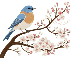 Naklejka na meble An stylized Eastern Bluebird on cherry blossom branch, blue plumage, brown chest, white background, vector, illustration style.