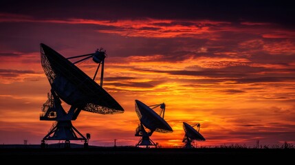 fiery sunset silhouettes radio telescopes