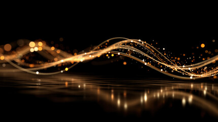 Wall Mural - Abstract golden wave design with shimmering lights and reflections on dark background creates sense of elegance and movement, perfect for artistic and modern themes