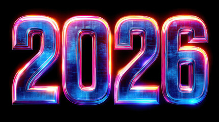Wall Mural - Vibrant and futuristic representation of year 2026, featuring bold, illuminated numbers with glossy finish, set against dark background, evoking sense of anticipation and innovation