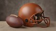 © 69 - Brown football helmet and leather ball on textured background, perfect for sports-themed promotions and designs with a vintage touch