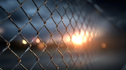 Wall Mural - Close up view of chain link fence with blurred sunset in background, creating dramatic contrast between metallic texture and warm colors of sky. scene evokes sense of separation and reflection