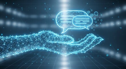 Digital hands offer glowing communication bubbles, symbolizing connectivity and modern dialogue in technology