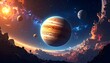 © dimas - A vibrant cosmic panorama. A grand gas giant planet dominates the scene, surrounded by moons and nebulas in a colorful and imaginative deep space depiction