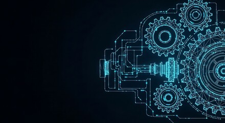 Intricate blue digital blueprint of interconnected gears and circuits on a dark background