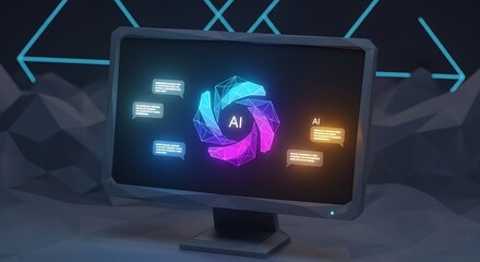 Futuristic AI communication interface on computer screen with digital chat bubbles and geometric network