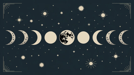 Phases of the moon with stars on a dark blue background, a celestial illustration showing the lunar cycle and its different shapes