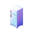 © Nur - A stylized, isometric illustration of a vintage-style refrigerator, presented in soft pastel shades of white, lavender, and violet, against a striking black backdrop.